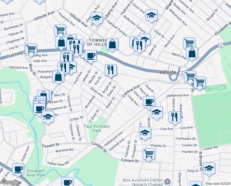 map of restaurants, bars, coffee shops, grocery stores, and more near 124 Long Avenue in Hillside