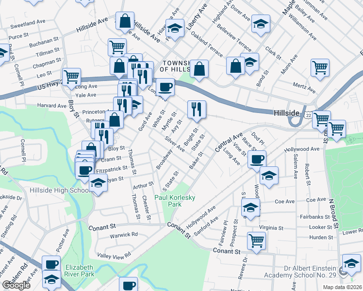 map of restaurants, bars, coffee shops, grocery stores, and more near in Hillside