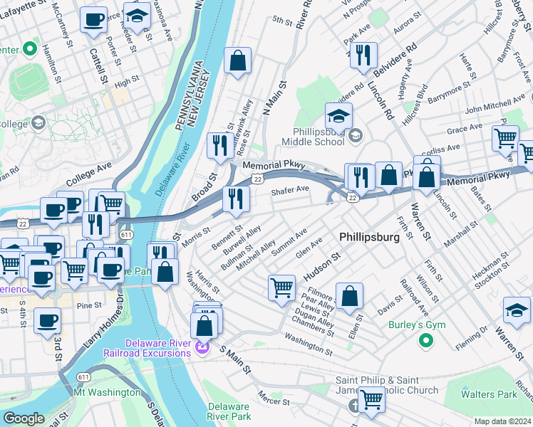 map of restaurants, bars, coffee shops, grocery stores, and more near 211 Morris Street in Phillipsburg