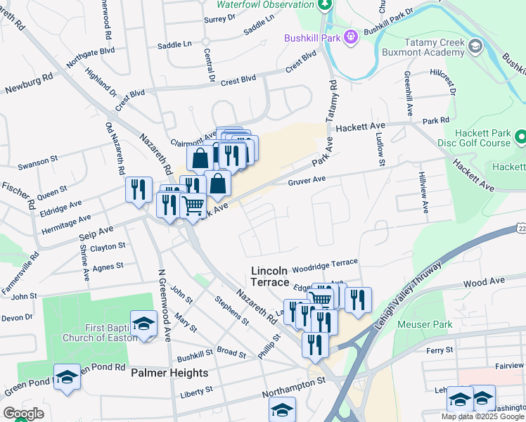 map of restaurants, bars, coffee shops, grocery stores, and more near 25 Lynwood Avenue in Easton