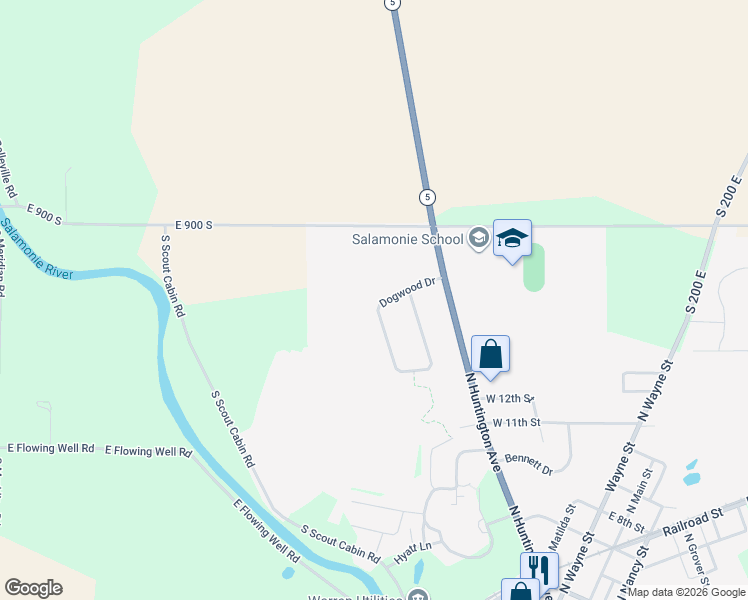 map of restaurants, bars, coffee shops, grocery stores, and more near 132 Dogwood Drive in Warren