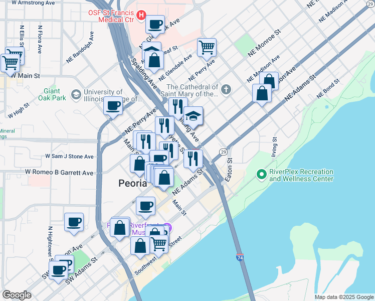 map of restaurants, bars, coffee shops, grocery stores, and more near 349-399 Spalding Avenue in Peoria