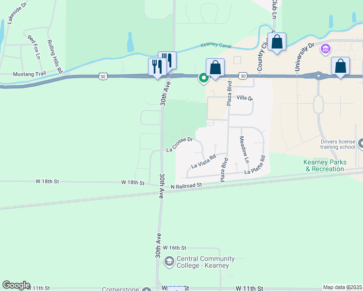 map of restaurants, bars, coffee shops, grocery stores, and more near 88 La Crosse Drive in Kearney