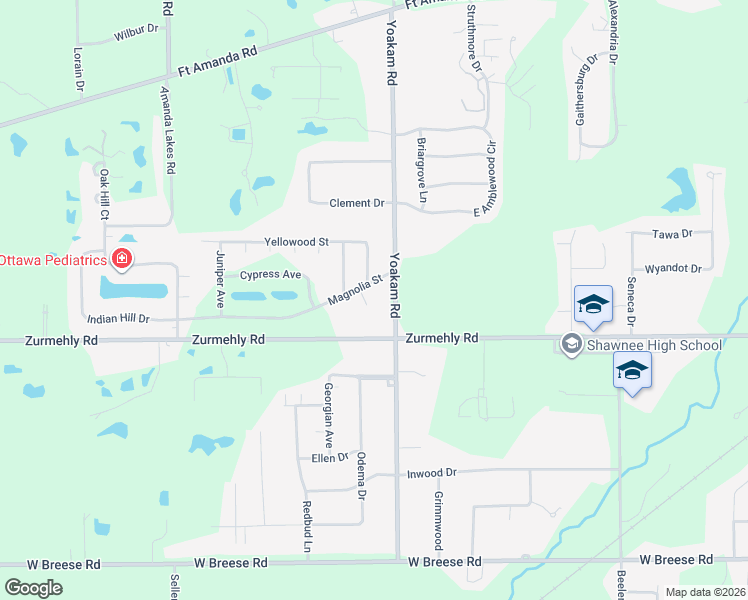map of restaurants, bars, coffee shops, grocery stores, and more near 3124 Yoakam Road in Lima