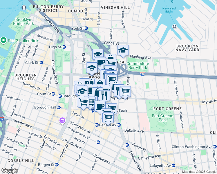map of restaurants, bars, coffee shops, grocery stores, and more near Gold St & Johnson St in Brooklyn
