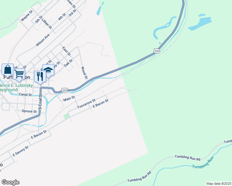 map of restaurants, bars, coffee shops, grocery stores, and more near 114 Tuscarora Street in Pottsville