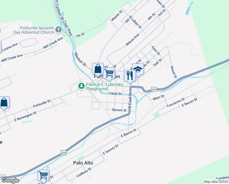 map of restaurants, bars, coffee shops, grocery stores, and more near 83 Washington Street in Port Carbon