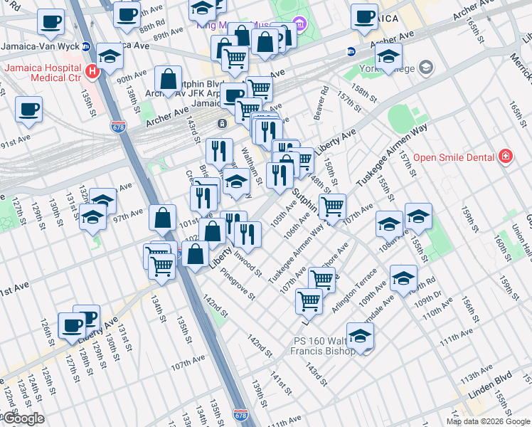 map of restaurants, bars, coffee shops, grocery stores, and more near 14610 Liberty Avenue in Queens