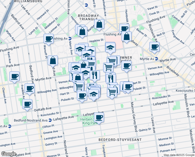 map of restaurants, bars, coffee shops, grocery stores, and more near 160 Vernon Avenue in Brooklyn