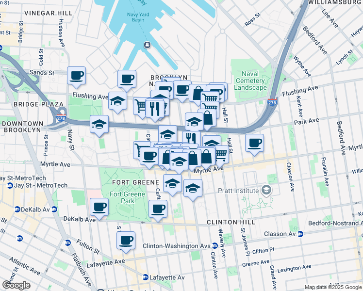 map of restaurants, bars, coffee shops, grocery stores, and more near 89 Clermont Avenue in Brooklyn