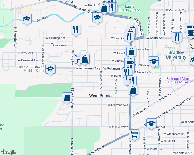 map of restaurants, bars, coffee shops, grocery stores, and more near 2206 West Barker Avenue in West Peoria