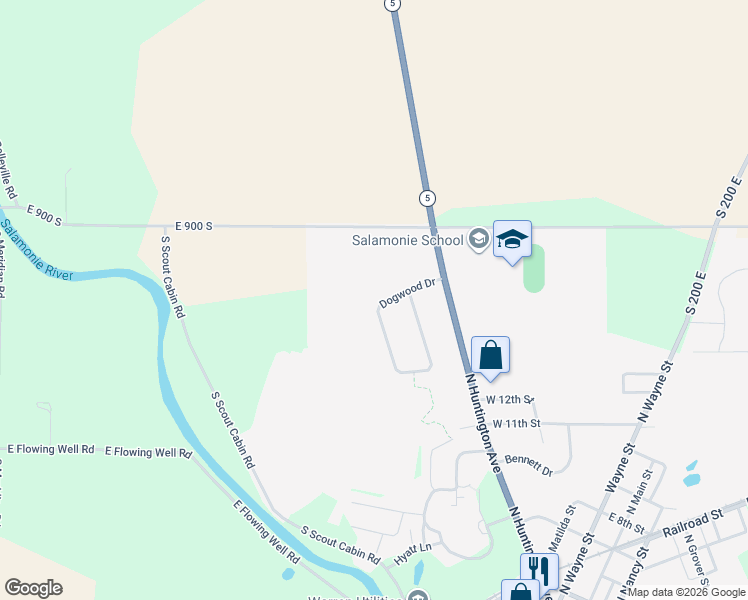 map of restaurants, bars, coffee shops, grocery stores, and more near 132 Dogwood Drive in Warren