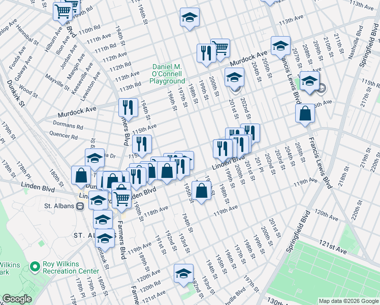 map of restaurants, bars, coffee shops, grocery stores, and more near 194-56 116th Avenue in Queens