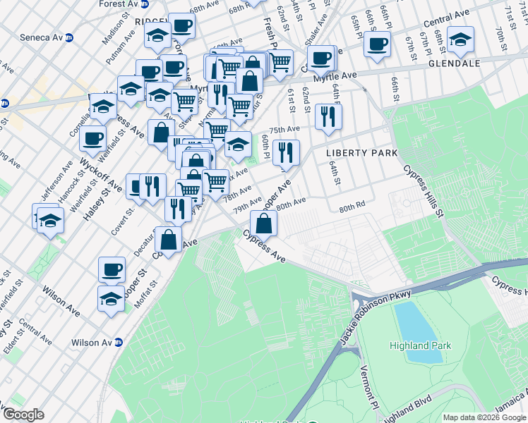 map of restaurants, bars, coffee shops, grocery stores, and more near 59-23 Cooper Avenue in Queens