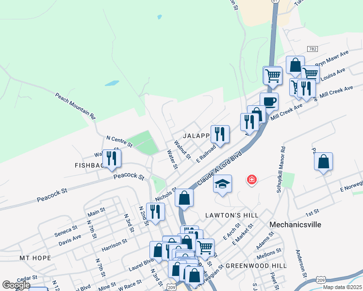 map of restaurants, bars, coffee shops, grocery stores, and more near 752 Walnut Street in Pottsville