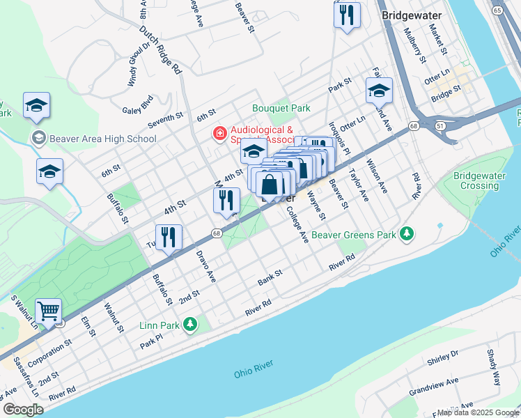 map of restaurants, bars, coffee shops, grocery stores, and more near Insurance Street in Beaver