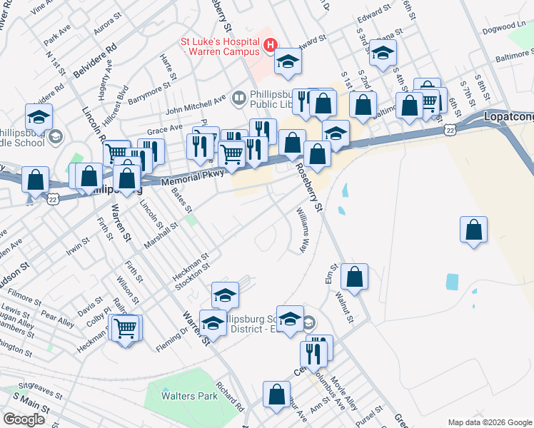 map of restaurants, bars, coffee shops, grocery stores, and more near 494 Heckman Street in Phillipsburg