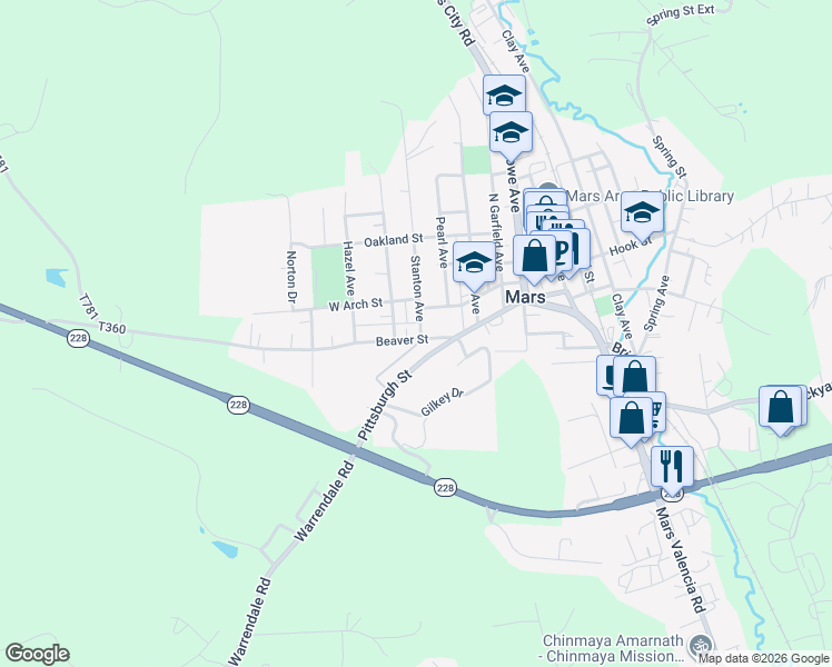 map of restaurants, bars, coffee shops, grocery stores, and more near 408 Beaver Street in Mars