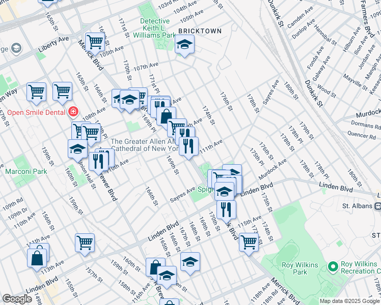 map of restaurants, bars, coffee shops, grocery stores, and more near 110-31 Merrick Boulevard in Queens