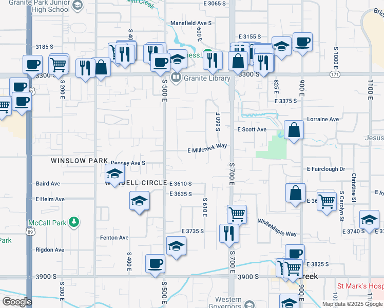 map of restaurants, bars, coffee shops, grocery stores, and more near 576 East Millcreek Way in South Salt Lake