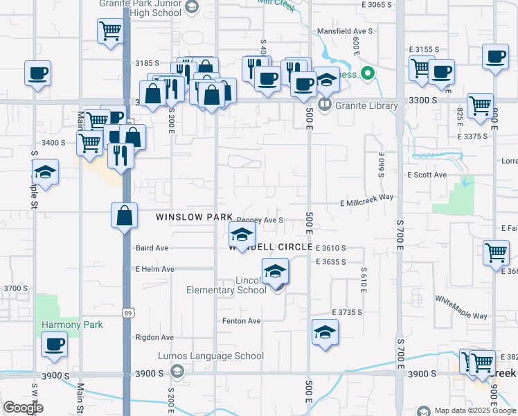 map of restaurants, bars, coffee shops, grocery stores, and more near 3515 South Blair Circle in South Salt Lake