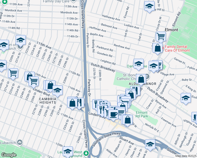 map of restaurants, bars, coffee shops, grocery stores, and more near 11529 237th Street in Elmont