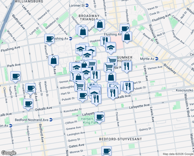 map of restaurants, bars, coffee shops, grocery stores, and more near 156 Vernon Avenue in Brooklyn