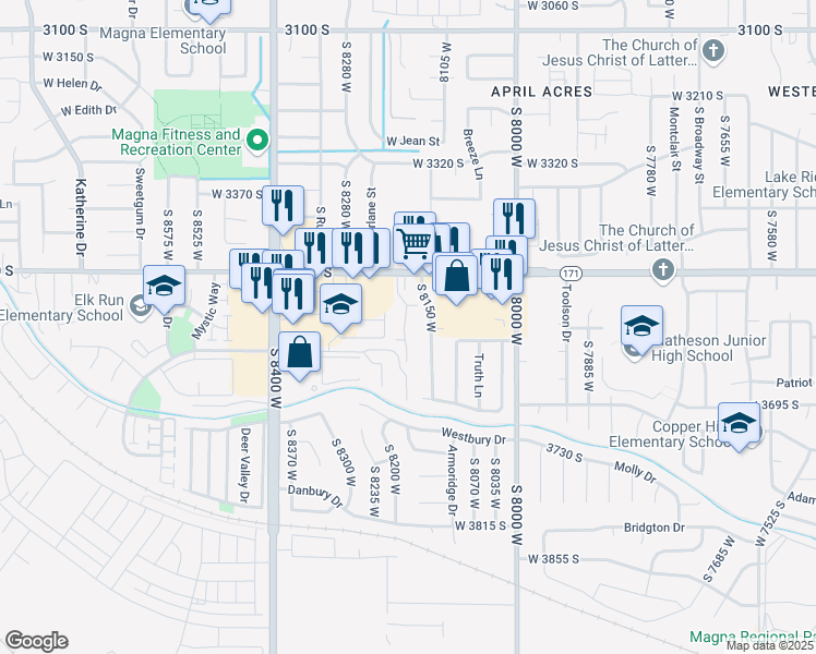 map of restaurants, bars, coffee shops, grocery stores, and more near 3570 Kingsburg Cove in Magna