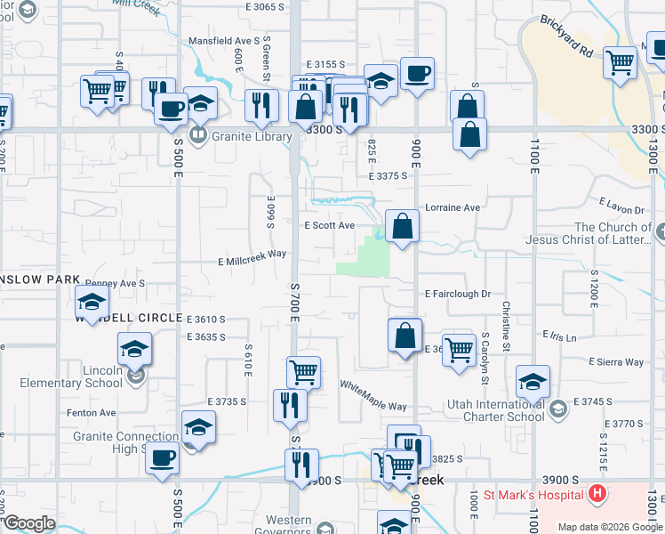 map of restaurants, bars, coffee shops, grocery stores, and more near 741 Nichols Cove in Millcreek