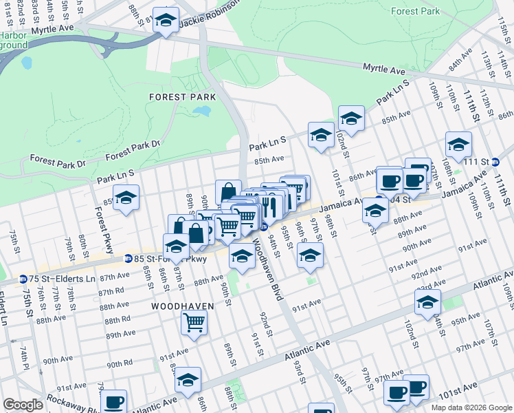 map of restaurants, bars, coffee shops, grocery stores, and more near 93-17 86th Road in Queens