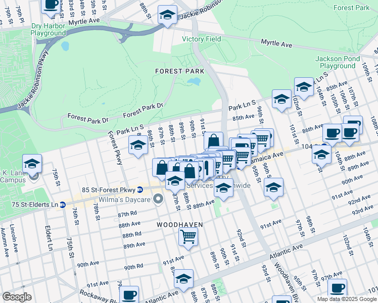 map of restaurants, bars, coffee shops, grocery stores, and more near 85-28 90th Street in Queens