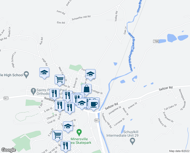 map of restaurants, bars, coffee shops, grocery stores, and more near 611 North Front Street in Minersville