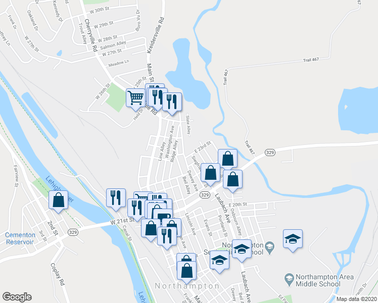 map of restaurants, bars, coffee shops, grocery stores, and more near 313 East 23rd Street in Northampton