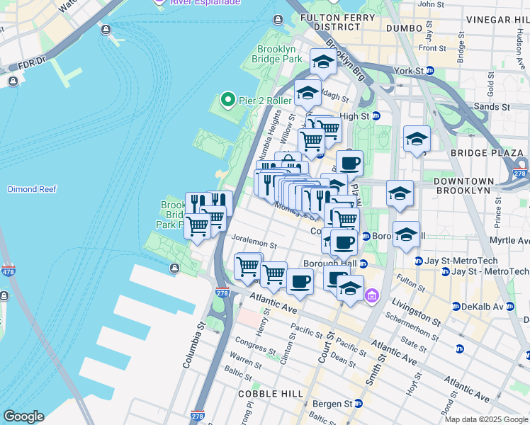 map of restaurants, bars, coffee shops, grocery stores, and more near 49 Remsen Street in Brooklyn