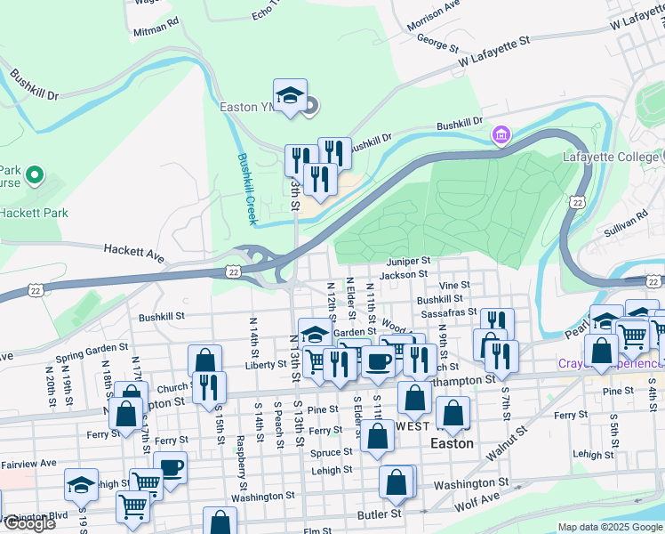 map of restaurants, bars, coffee shops, grocery stores, and more near 1162 North 12th Street in Easton