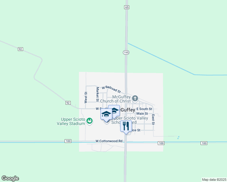 map of restaurants, bars, coffee shops, grocery stores, and more near 114 West Railroad Street in McGuffey