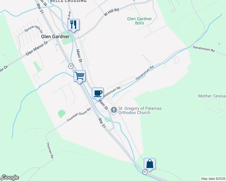 map of restaurants, bars, coffee shops, grocery stores, and more near 12 Sanatorium Road in Glen Gardner