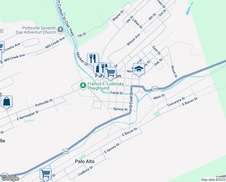 map of restaurants, bars, coffee shops, grocery stores, and more near 212 Canal Street in Port Carbon