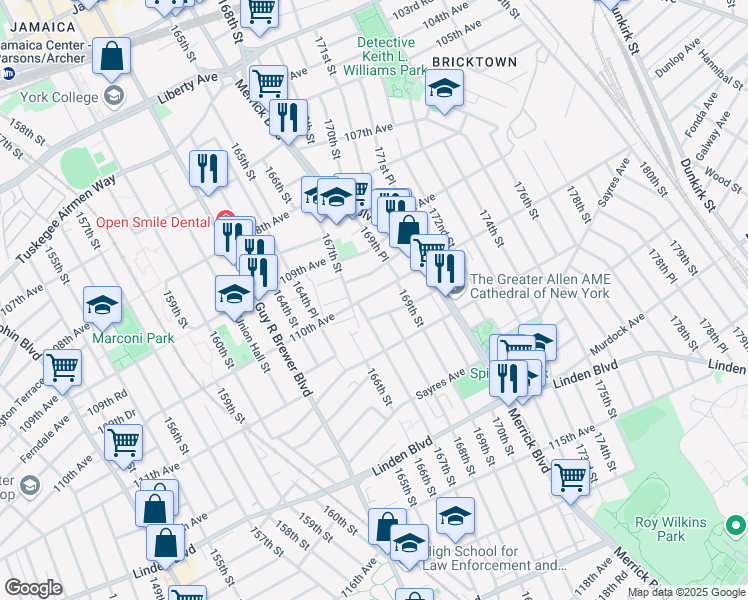 map of restaurants, bars, coffee shops, grocery stores, and more near 167-16 Brinkerhoff Avenue in Queens