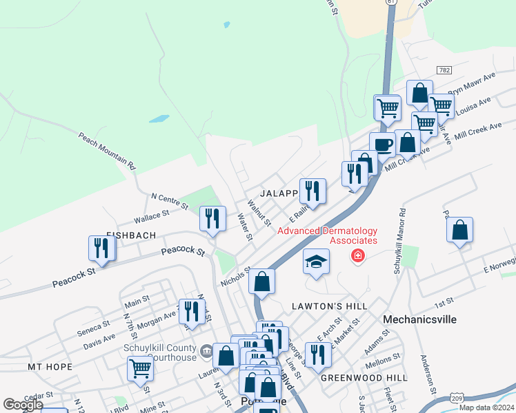 map of restaurants, bars, coffee shops, grocery stores, and more near 752 Walnut Street in Pottsville