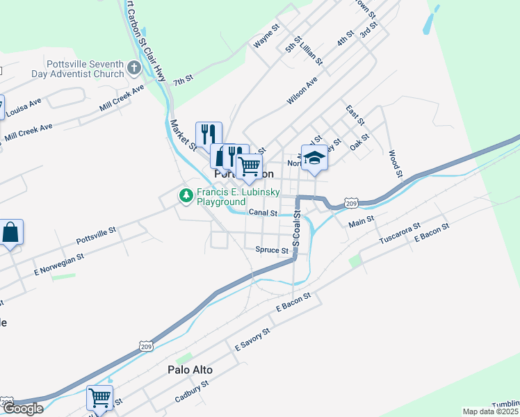 map of restaurants, bars, coffee shops, grocery stores, and more near 83 Washington Street in Port Carbon