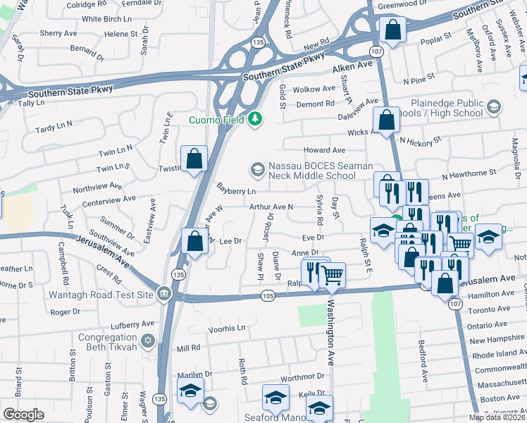 map of restaurants, bars, coffee shops, grocery stores, and more near 3900 Arthur Avenue North in Seaford