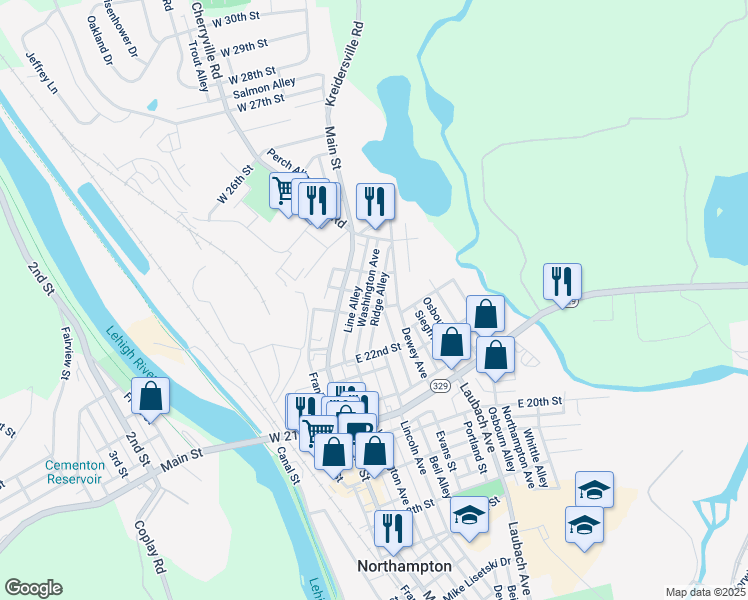 map of restaurants, bars, coffee shops, grocery stores, and more near 2331 Ridge Alley in Northampton