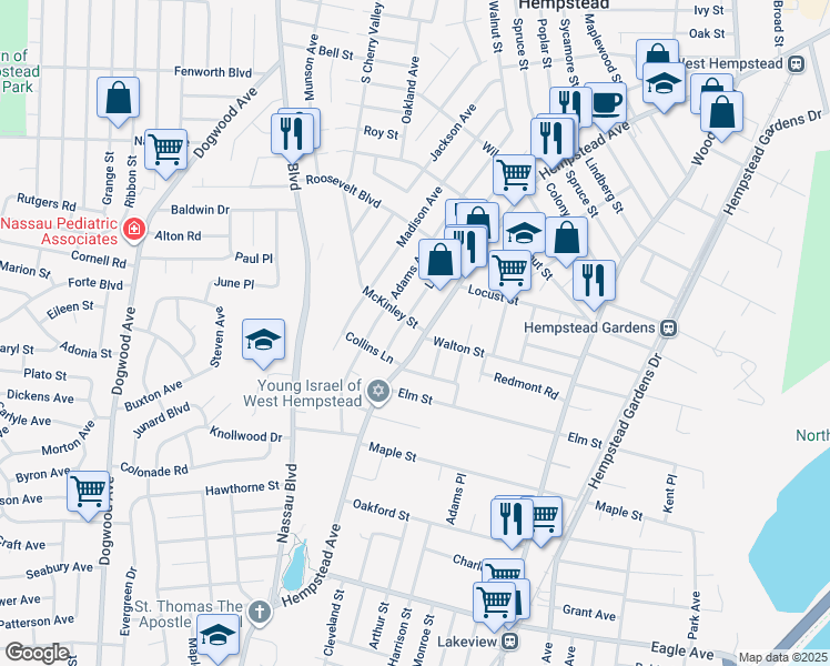 map of restaurants, bars, coffee shops, grocery stores, and more near 5071 Hempstead Avenue in West Hempstead