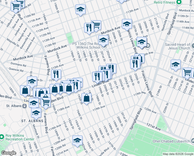 map of restaurants, bars, coffee shops, grocery stores, and more near 116-30 199th Street in Queens