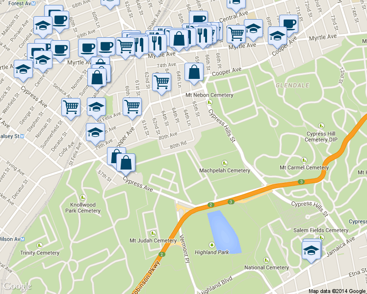 map of restaurants, bars, coffee shops, grocery stores, and more near 62-46 80th Road in Queens