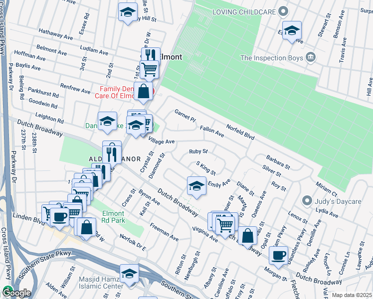 map of restaurants, bars, coffee shops, grocery stores, and more near 30 Ruby Street in Elmont