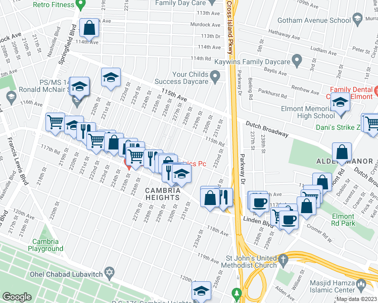 map of restaurants, bars, coffee shops, grocery stores, and more near 115-99 229th Street in Queens