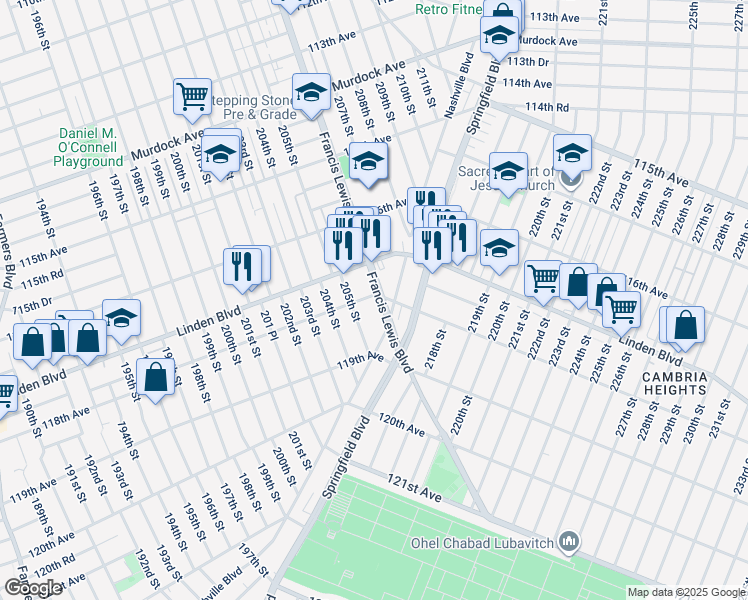 map of restaurants, bars, coffee shops, grocery stores, and more near 118-04 Francis Lewis Boulevard in Queens