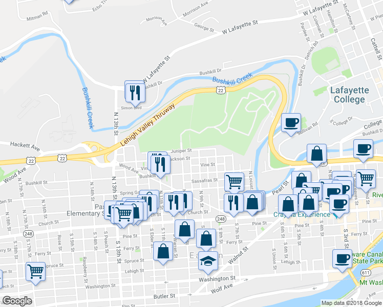 map of restaurants, bars, coffee shops, grocery stores, and more near 913 Jackson Street in Easton